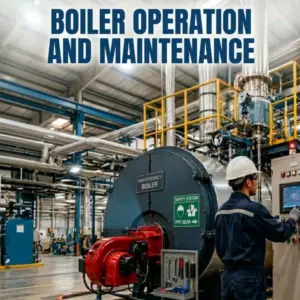 Boiler Operation and Maintenance course, technician in safety gear monitoring an industrial boiler with red burner and control panel.