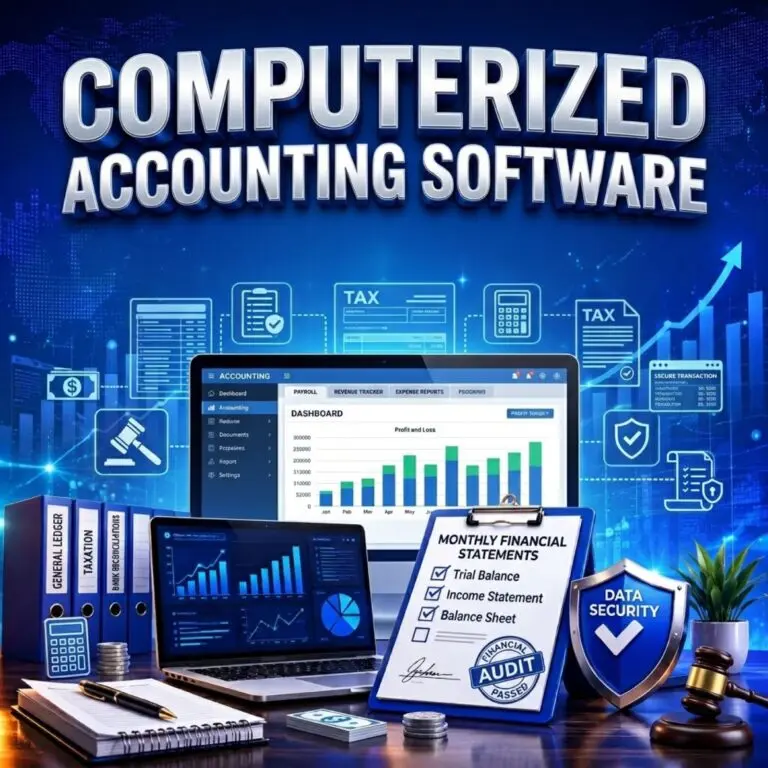 Computerized Accounting graphic: laptop with charts, financial statements, audit report, calculator, security shield.
