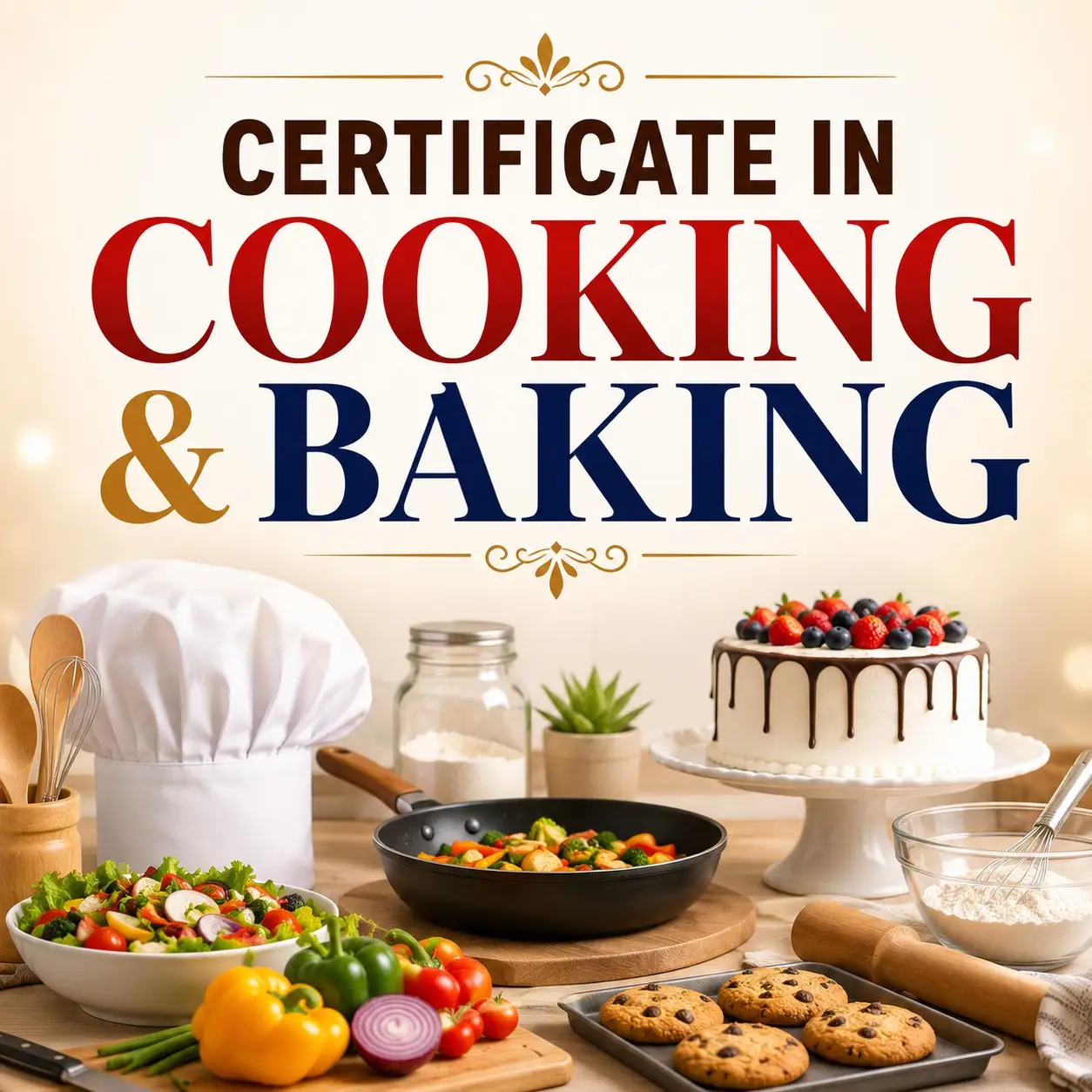 Certificate in Cooking & Baking, surrounded by colorful vegetables, pastries, mixing bowls, utensils, and a decorated cake.