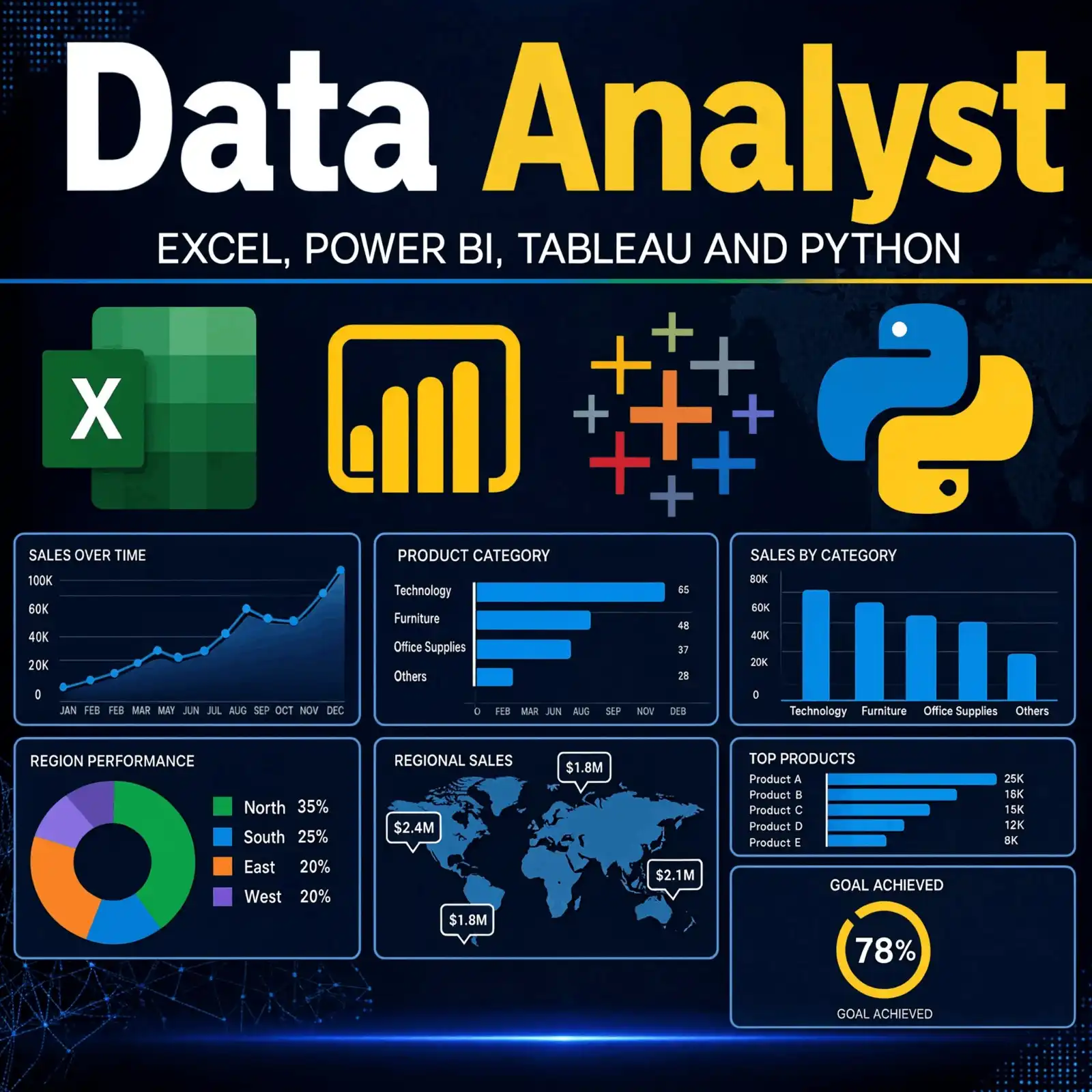 Data Analyst Course infographic: Excel, Power BI, Tableau, Python icons with bar, line, pie, and map charts.