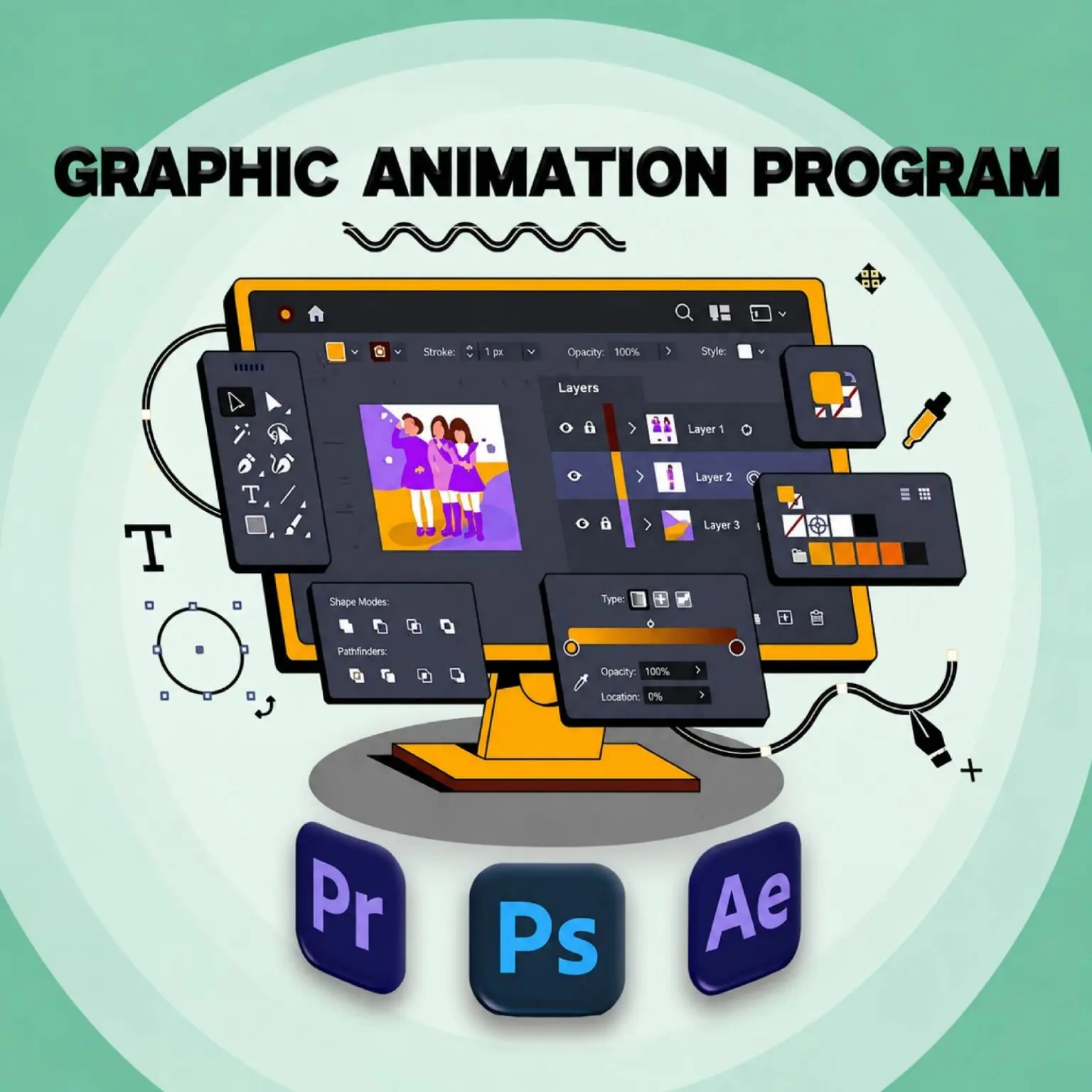 Graphics and Animation course interface with editing tools, Premiere Pro, Photoshop & After Effects icons.