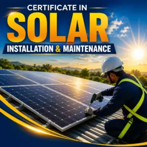 Certificate in Solar Panel Installation & Maintenance poster showing a worker installing solar panels at sunrise.