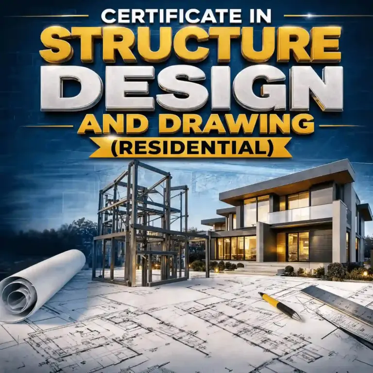 Certificate in Structural Design & Drawing (Residential): blueprints, steel frame, and a modern house.
