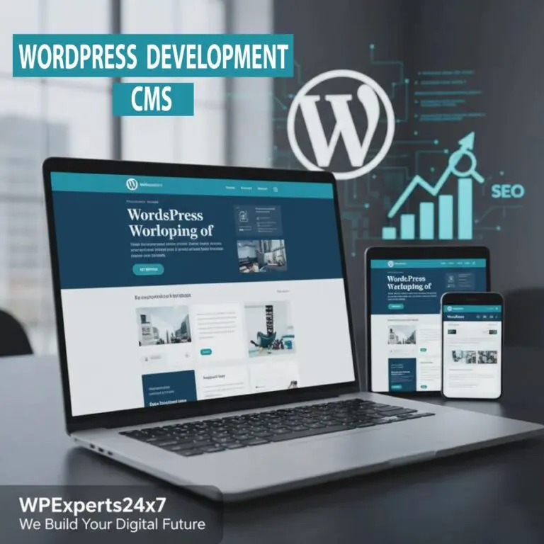 WordPress Website Development Course graphic: laptop, tablet, phone showing WordPress sites and SEO chart.