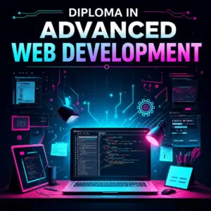 Full Stack Web Development Diploma: cyberpunk coding setup with neon lights and charts.