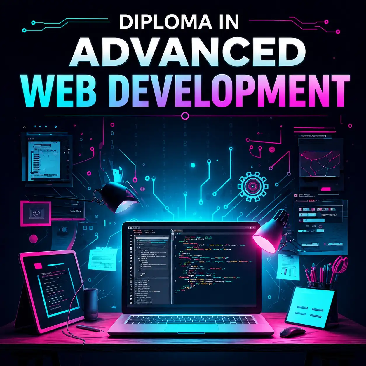 Full Stack Web Development Diploma: cyberpunk coding setup with neon lights and charts.